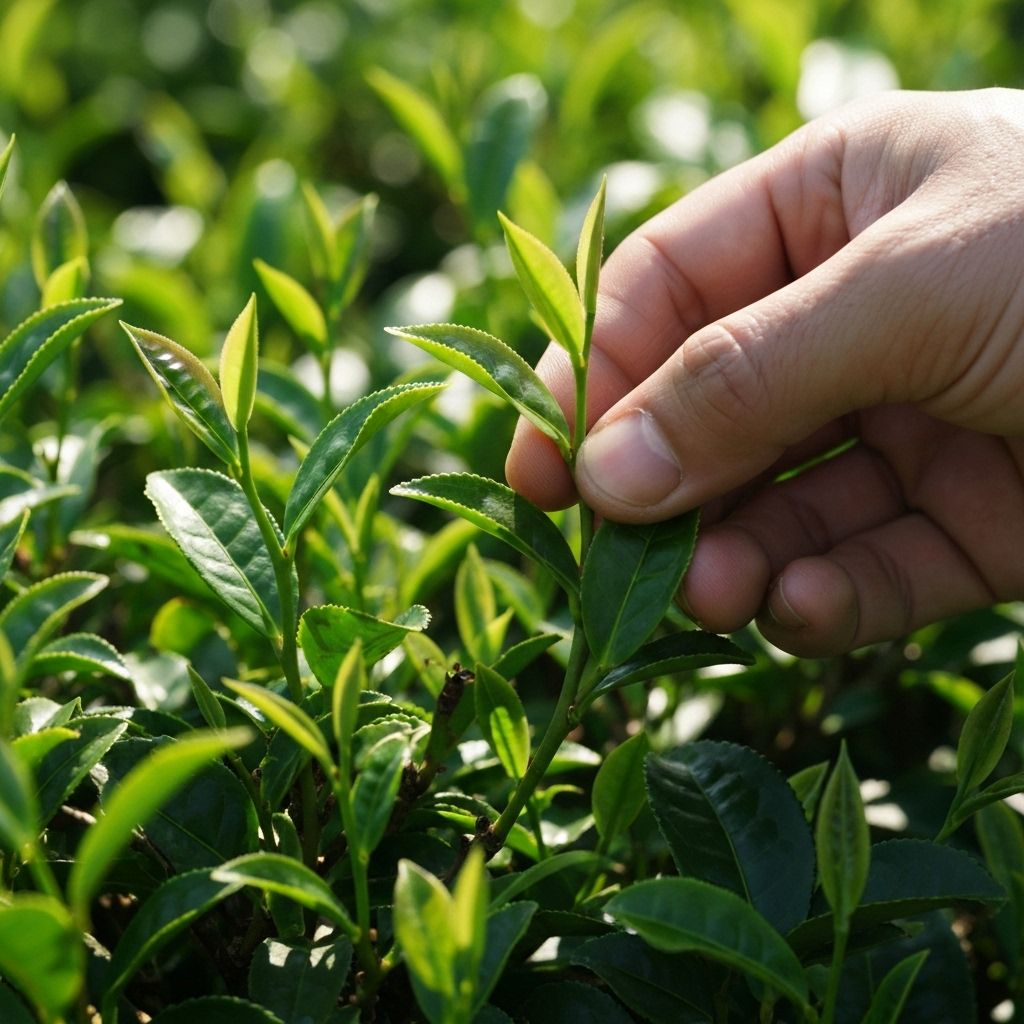 Close-up of hand-picking tea leaves