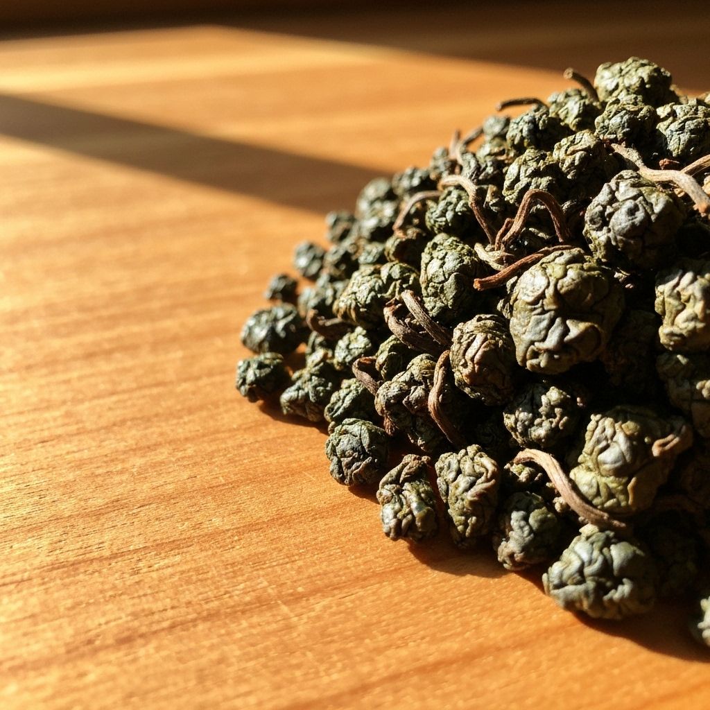 Loose leaf oolong tea on a wooden board