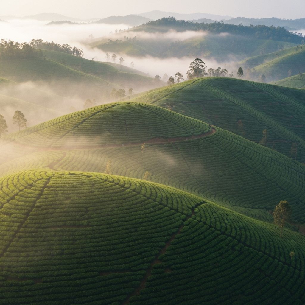 Misty tea estate across rolling hills